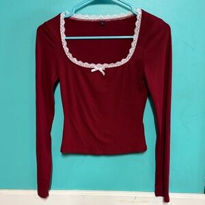SHEIN Burgundy Lace-Trimmed Long Sleeve Top